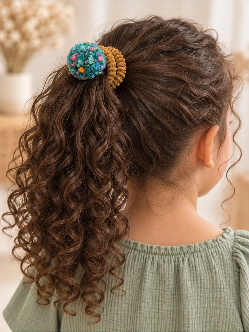 Handmade Girls Pom-Pom Ponytail Hair Tie Set – Choose Color
